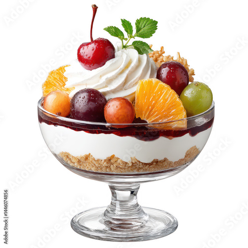 Glass bowl with creamy dessert, fresh fruit and cherry on white background.