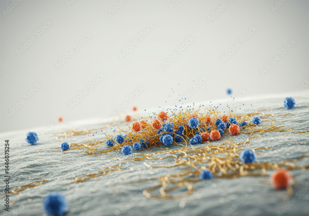 Microscopic view of medical treatment attacking cancer cells. Concept of new medicine development and breakthrough therapy for defeating disease.