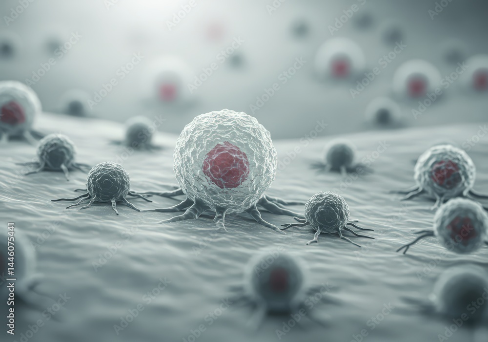 Microscopic view of human cancer cell illustrating medical concept of oncology research, tumor formation, immunotherapy or defeat malignant cellular growth