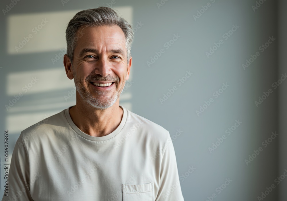Smiling caucasian middle-aged man looking at camera close-up portrait. Concept of cancer recovery and medical breakthrough for a person's triumph over illness.