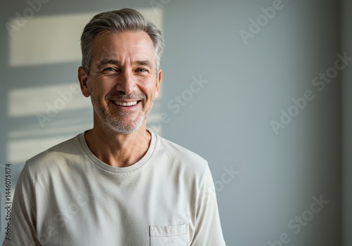 Obraz na płótnie Smiling caucasian middle-aged man looking at camera close-up portrait. Concept of cancer recovery and medical breakthrough for a person's triumph over illness. w salonie