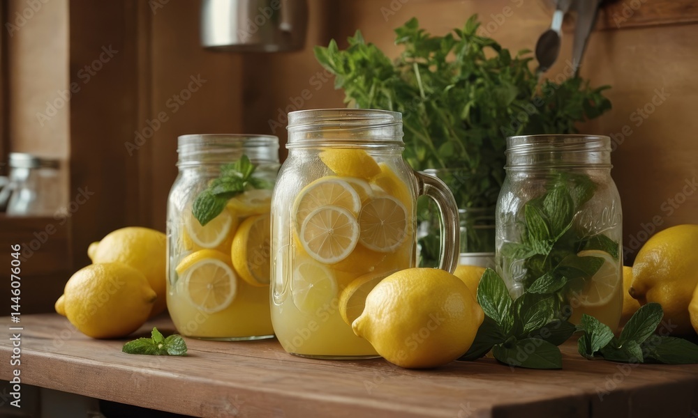 Fototapeta premium Refreshing homemade lemonade displayed in rustic mason jars, ready to serve