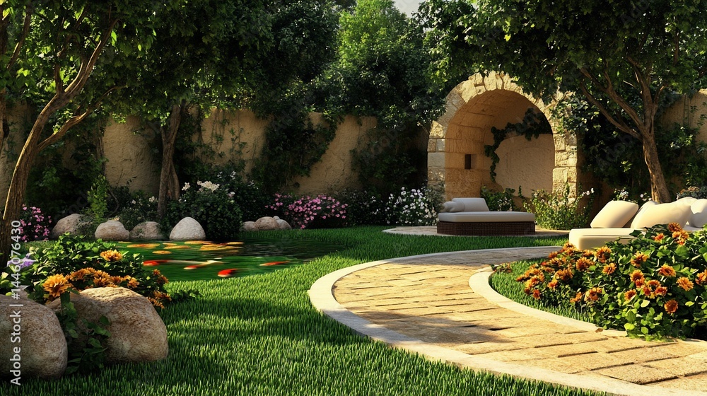 Picturesque garden oasis with stone path and relaxing seating. Lush greenery, colorful flowers, and manicured lawn create a tranquil outdoor space
