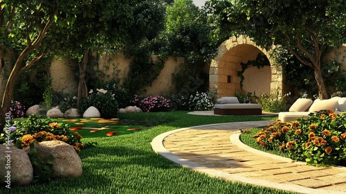 Obraz na płótnie Picturesque garden oasis with stone path and relaxing seating. Lush greenery, colorful flowers, and manicured lawn create a tranquil outdoor space w salonie