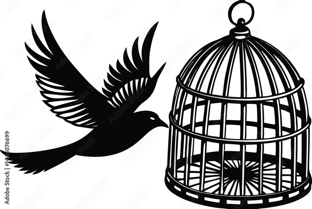 Fototapeta premium Bird Flying Out Of Cage Silhouette