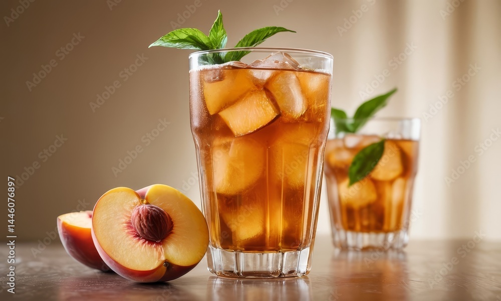Fototapeta premium Refreshing peach iced tea with mint garnish on table for summer refreshment