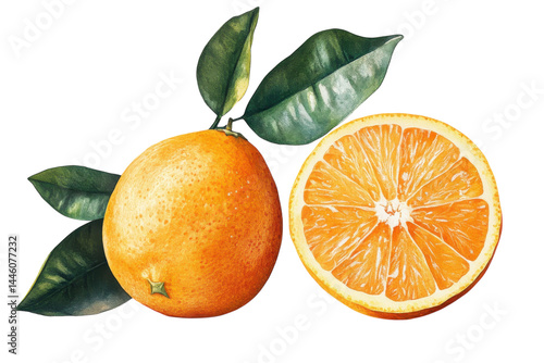 Juicy orange fruit with vibrant segments and lush green leaves a still life painting bright colors