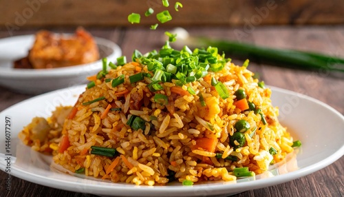 A vibrant, colorful explosion of fried rice with chopped scallions and flying ingredients in mid-air; dynamic food visuals with floating flavors, motion blur, and culinary excitement photo