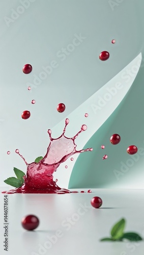 Fresh cranberry berries and juice dancing on a clear mint background 