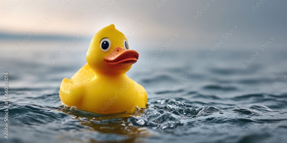Rubber duck floats on water in ocean. Bath toy, metaphor for innocence, relaxation Rubber duck floats on water in ocean. Bath toy, metaphor for innocence, relaxation