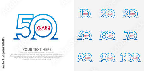 Anniversary logo set vector design, blue and red color for celebration event