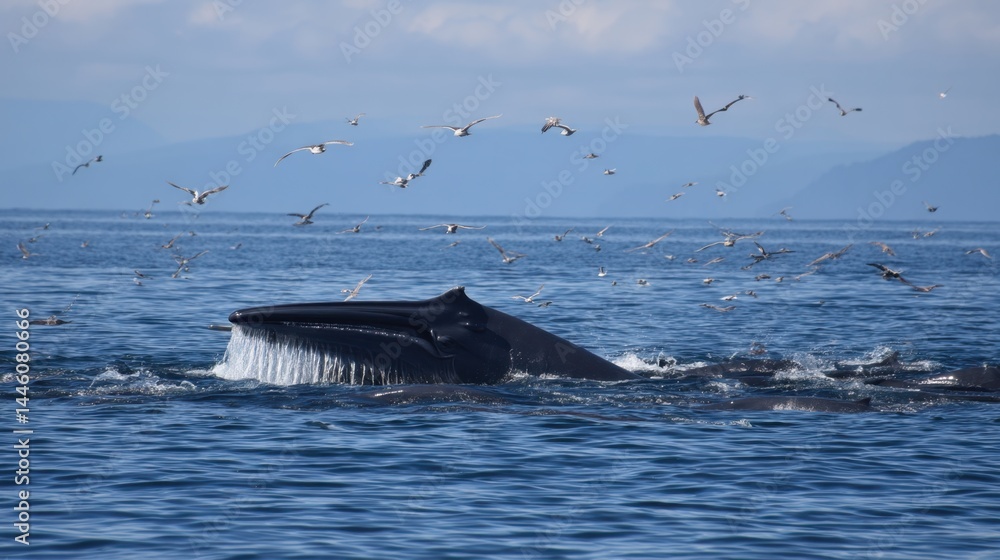 Naklejka premium Humpback Whale Breaching, Seabird Swarm, Ocean Spray