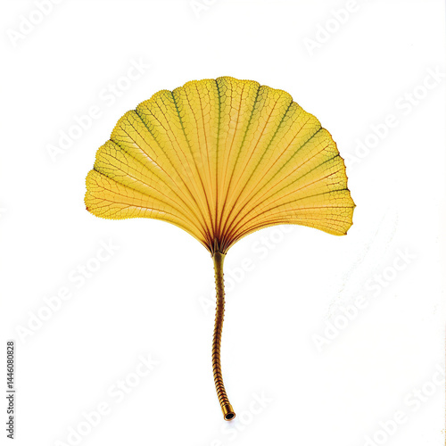  A high-resolution close-up of a yellow ginkgo leaf, showcasing its intricate vein structure and fan-like shape, set against a simple white background for a striking contrast.