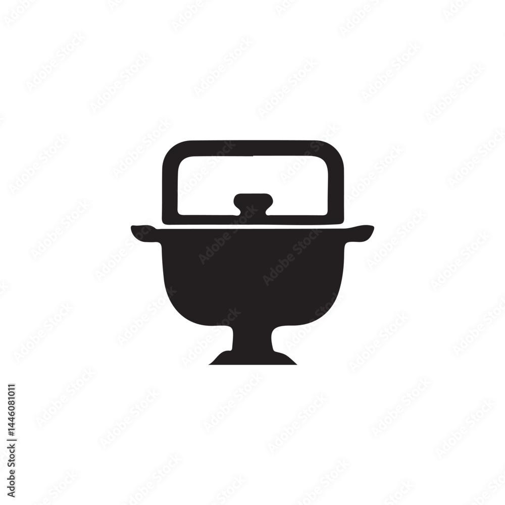 Simple Black and White Illustration of a Covered Dish.A silhouette of a covered dish with a handle, suggestive of a decorative or ceremonial cooking pot or bowl. Simple Black and White Illustration of a Covered Dish.A silhouette of a covered dish with a handle, suggestive of a decorative or ceremonial cooking pot or bowl.