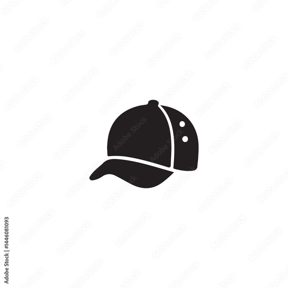 Simple Black and White Baseball Cap Icon.A solid black silhouette of a baseball cap, angled to the right. Simple Black and White Baseball Cap Icon.A solid black silhouette of a baseball cap, angled to the right.