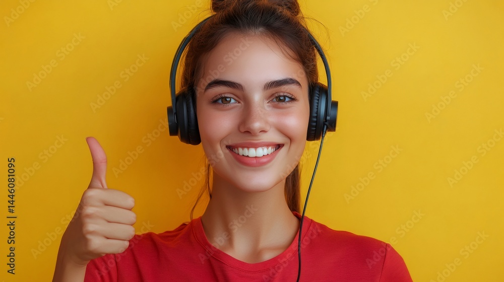 Young woman listening music with headphones showing thumbs up on yellow background