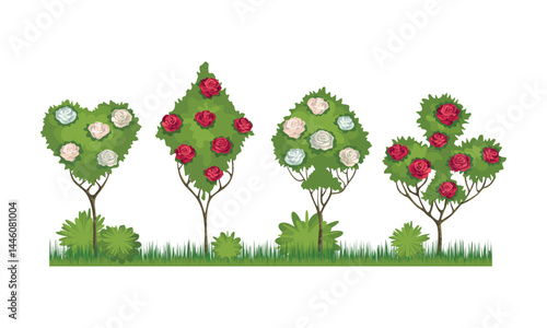 Blooming rose bushes in the shape of card suits from the royal garden. Alice in Wonderland