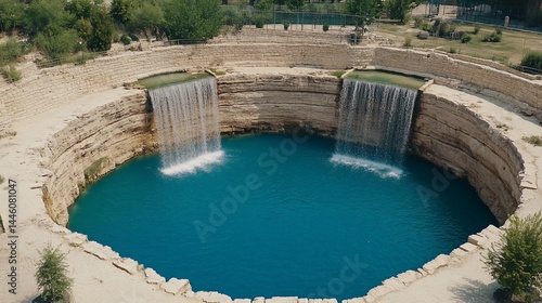 Obraz na płótnie Ancient well with cascading waterfalls. Deep blue water. Natural pool w salonie