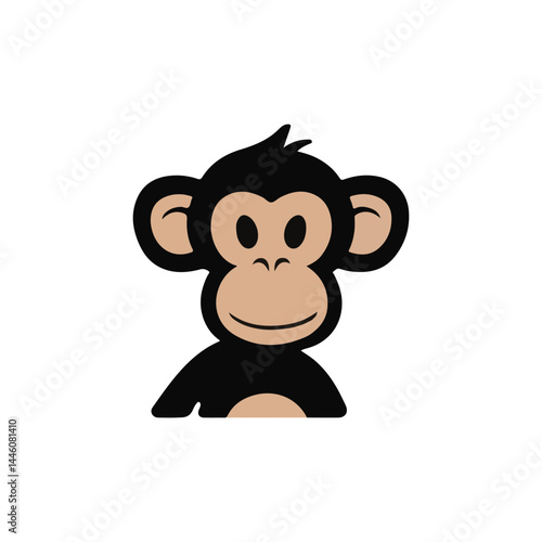 Cheerful cartoon chimpanzee head illustration.A simple, cartoon illustration of a chimpanzee's head, presented against a plain white background.