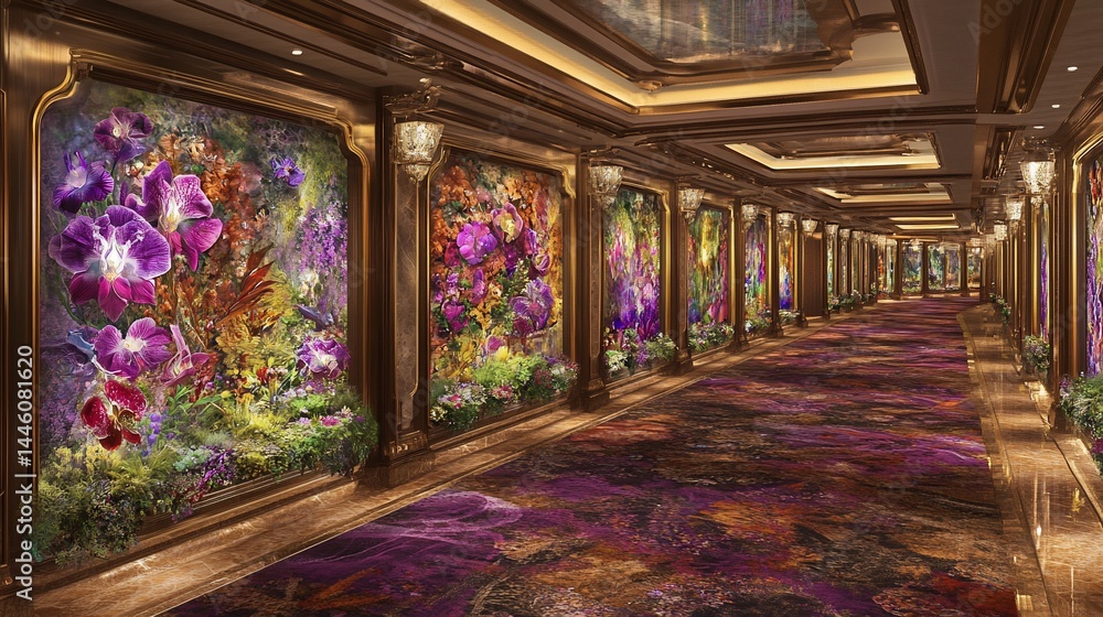 Ornate corridor with vibrant floral wall art and plush carpet