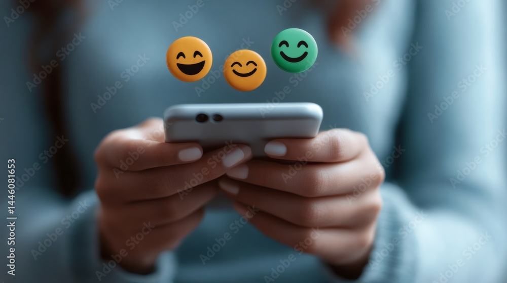 Woman using smartphone for online feedback with emoji icons