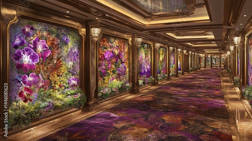 Obraz na płótnie Ornate corridor with vibrant floral wall art and plush carpet w salonie