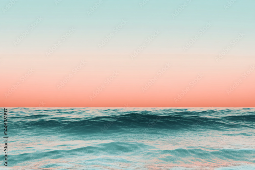 Fototapeta premium Teal ocean waves under a peach and blue gradient sky, showcasing a tranquil seascape ideal for relaxation and serenity themes