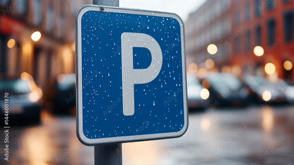 Parking sign with rain drops in city street at dusk