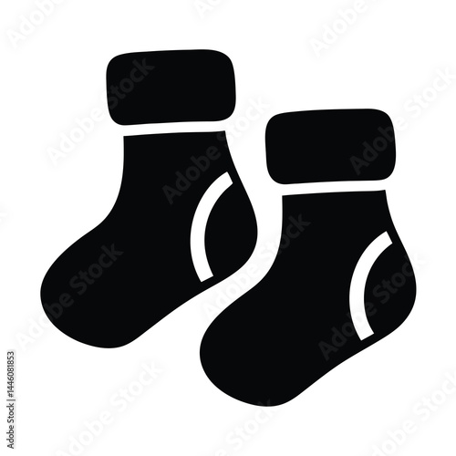 Stylized black and white illustration of two baby socks or booties