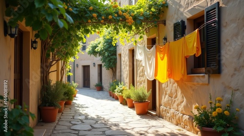 Fototapeta Naklejka Na Ścianę i Meble -  depicts_a_picturesque_sunlit_alleyway