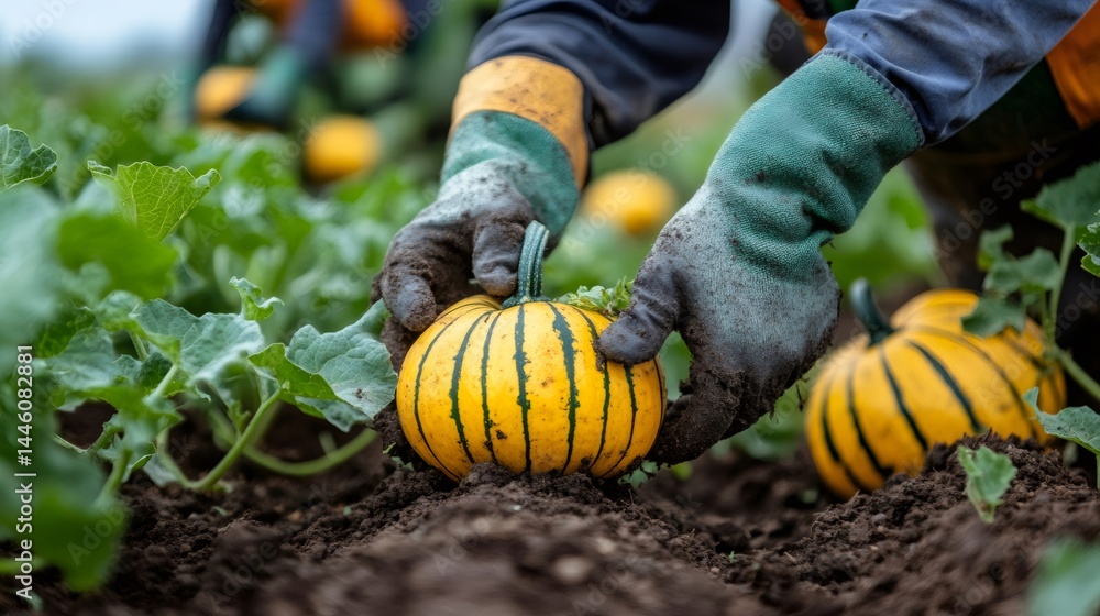 Farmer harvesting yellow striped delicata squash in autumn