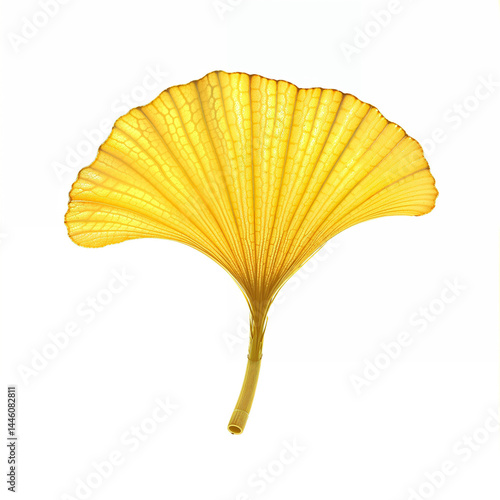 A stunning ginkgo leaf in radiant yellow with subtle details of fine veins, beautifully illuminated against a white background, capturing its natural beauty.