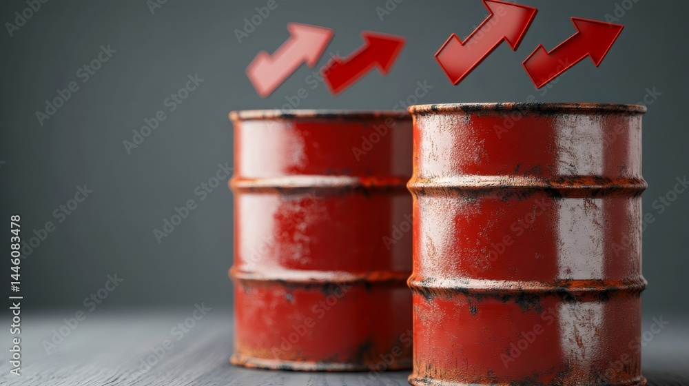 Oil price increasing, red barrels and upward arrows on gray background
