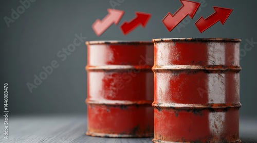 Oil price increasing, red barrels and upward arrows on gray background