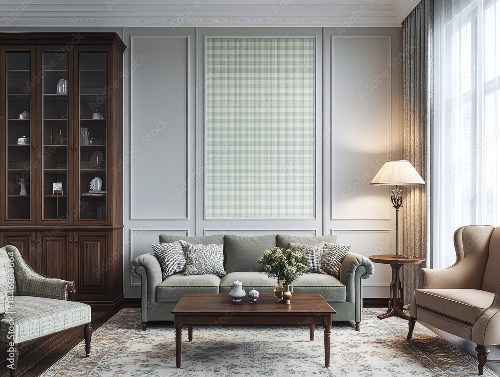 Fototapeta premium Elegant interior design showcasing a light-toned patterned wall.