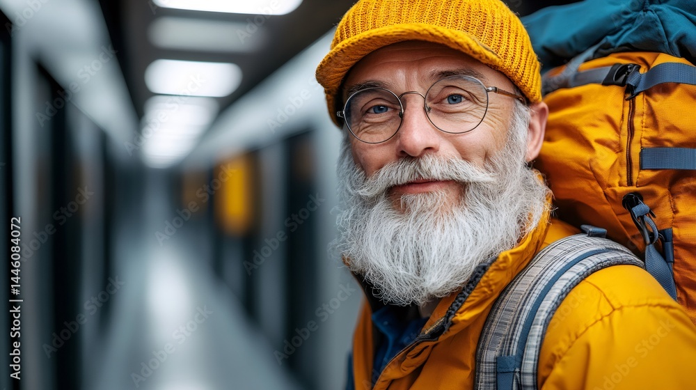 Senior backpacker smiling in a hostel corridor
