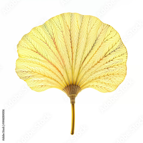 A high-resolution, detailed ginkgo leaf, showcasing vibrant yellow and green hues with an intricate vein pattern and fan-like shape, isolated on a white background.
