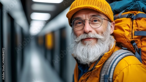 Senior backpacker smiling in a hostel corridor