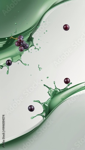 Grape juice splashing in green liquid with droplets  