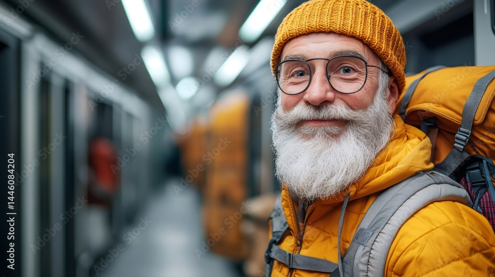Senior backpacker smiling in subway station, ready for adventure