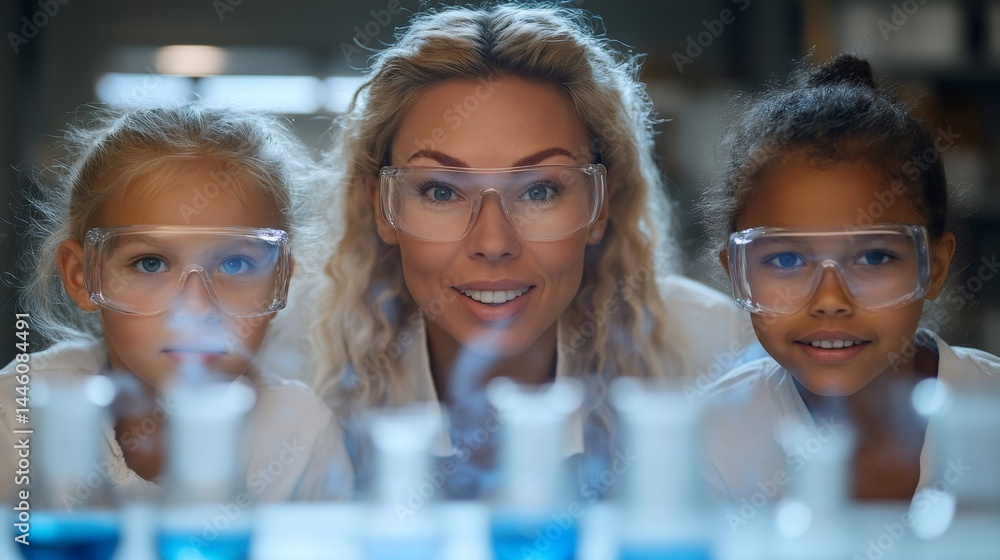 Elementary school students and teacher making chemistry experiment in laboratory