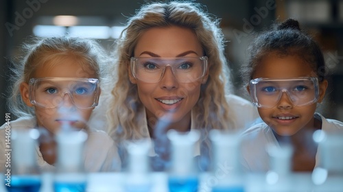 Obraz na płótnie Elementary school students and teacher making chemistry experiment in laboratory w salonie