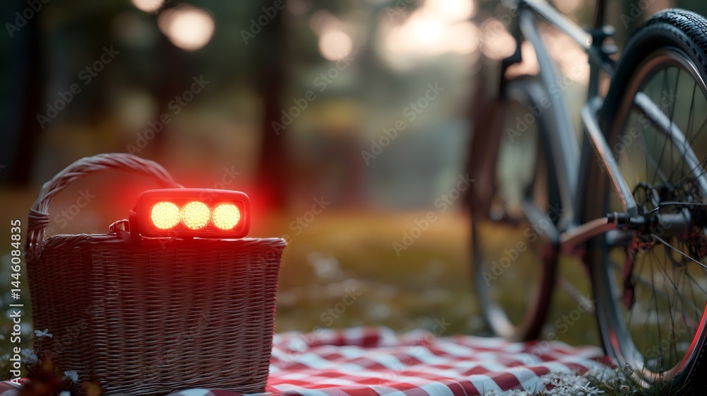 Bright bicycle rear light illuminating picnic setting in nature