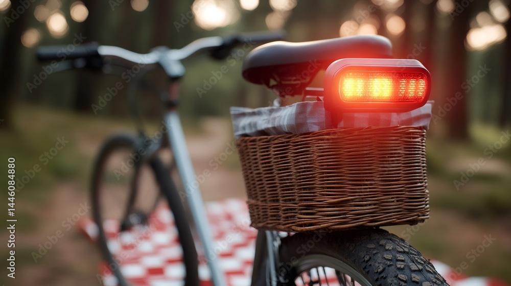 Bicycle rear light shining brightly in a forest setting during sunset