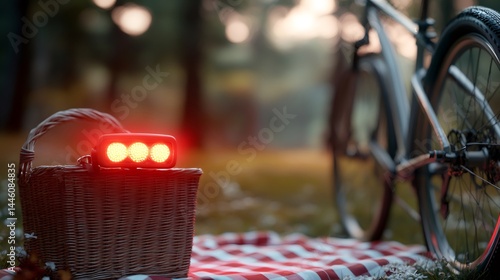 Obraz na płótnie Bright bicycle rear light illuminating picnic setting in nature w salonie