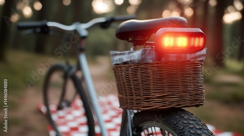 Obraz na płótnie Bicycle rear light shining brightly in a forest setting during sunset w salonie