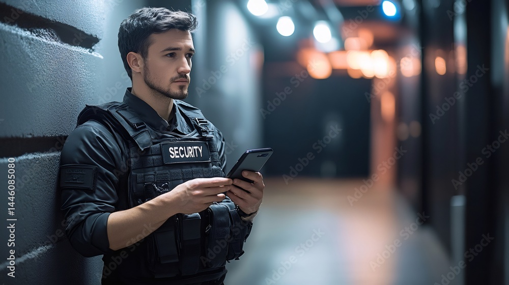 Security guard using smartphone monitoring corridor surveillance