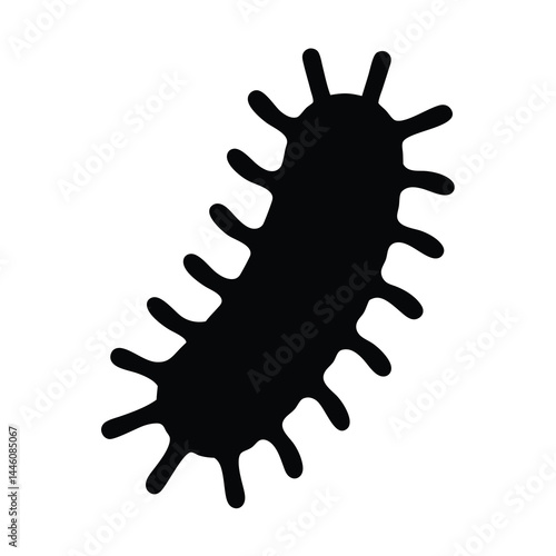 Stylized black and white illustration of a rod shaped bacterium with pili