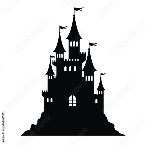 Fantasy castle black silhouette isolated on white background vector illustration