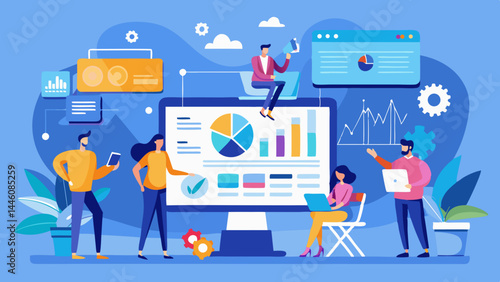 Team analyzing data charts graphs for business growth strategy planning with vibrant flat design style 
